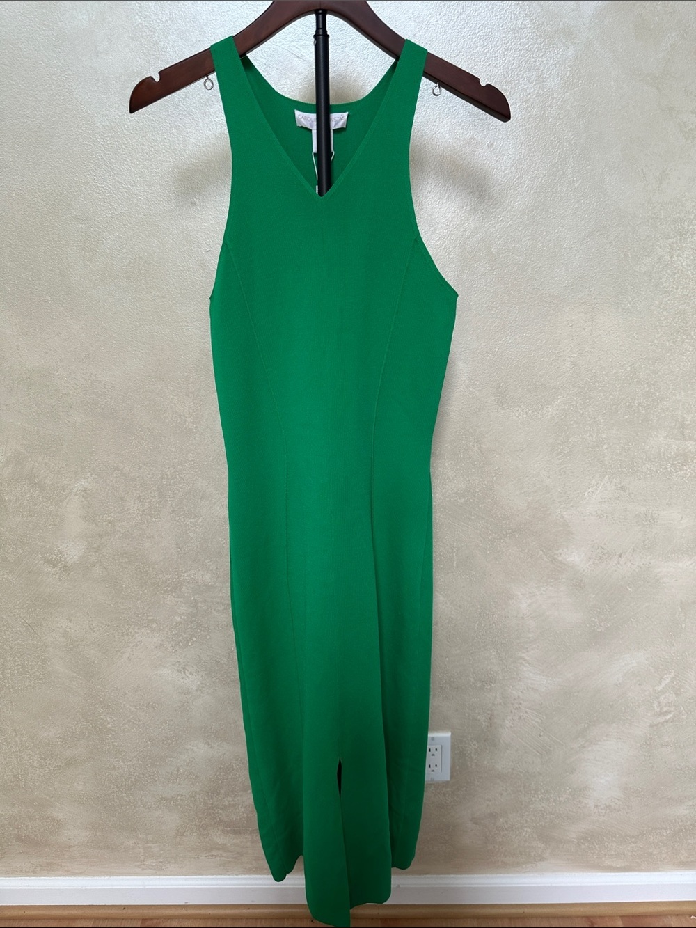 NWT Caroline Constas Green V-Neck Ribbed Knit Midi Dress Front Slit M